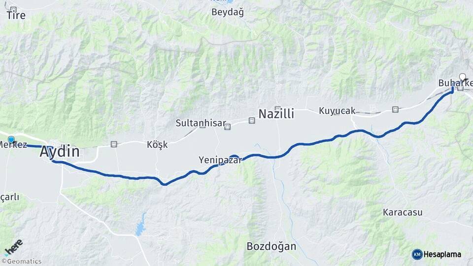 Aydın İncirliova Buharkent Arası Kaç Km - Yol Haritası
