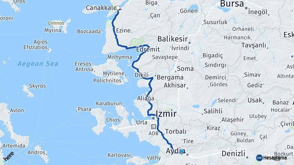 Aydın İncirliova Çanakkale Arası Kaç Km - Yol Haritası