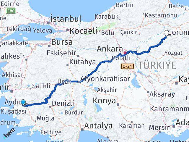 Aydın İncirliova Çorum Arası Kaç Km - Yol Haritası