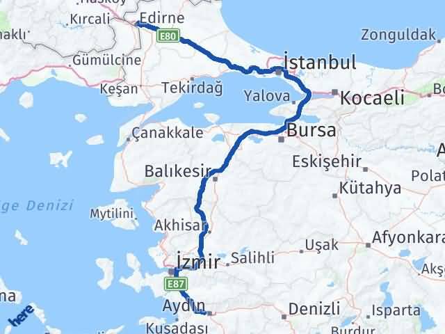 Aydın İncirliova Edirne Arası Kaç Km - Yol Haritası