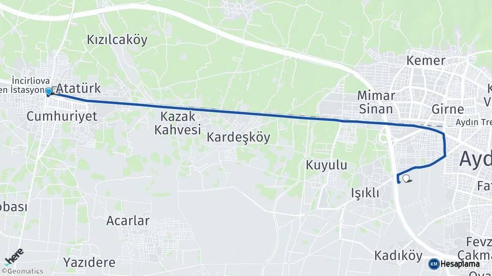 Aydın İncirliova Efeler Arası Kaç Km - Yol Haritası