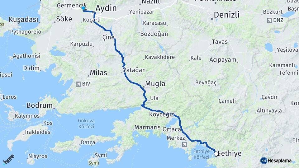 Aydın İncirliova Fethiye Muğla Arası Kaç Km - Yol Haritası