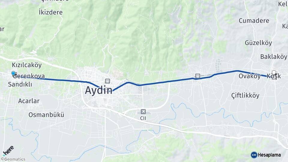 Aydın İncirliova Köşk Arası Kaç Km - Yol Haritası