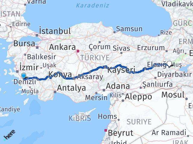 Aydın İncirliova Muş Arası Kaç Km - Yol Haritası