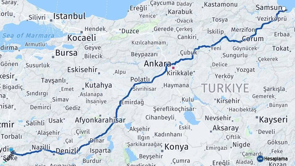 Aydın İncirliova Samsun Arası Kaç Km - Yol Haritası