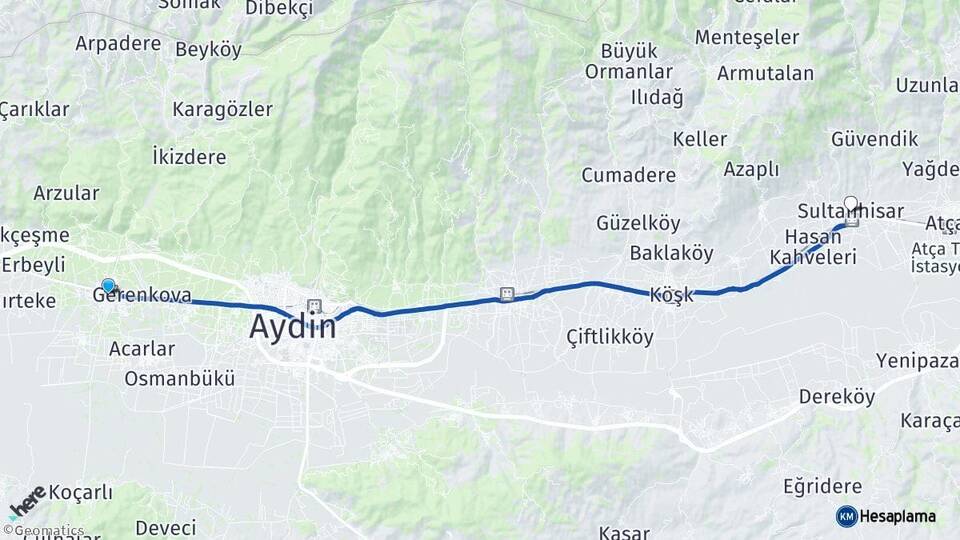 Aydın İncirliova Sultanhisar Arası Kaç Km - Yol Haritası