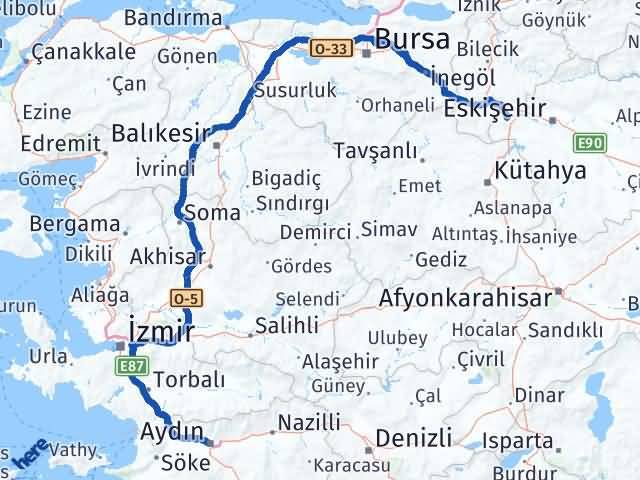 Aydın İnönü Eskişehir Arası Kaç Km - Yol Haritası