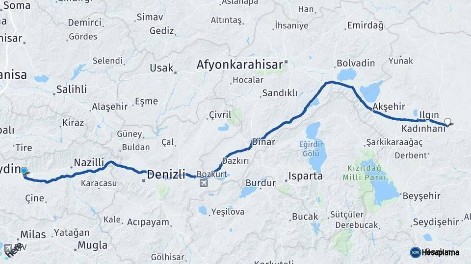 Aydın Kadınhanı Konya Arası Kaç Km - Yol Haritası