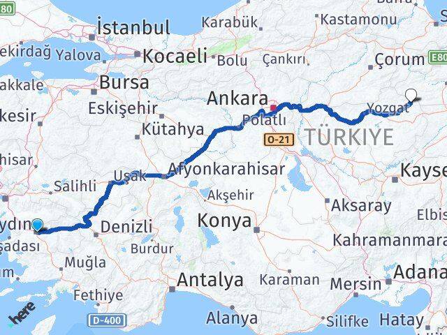 Aydın Kadışehri Yozgat Arası Kaç Km - Yol Haritası