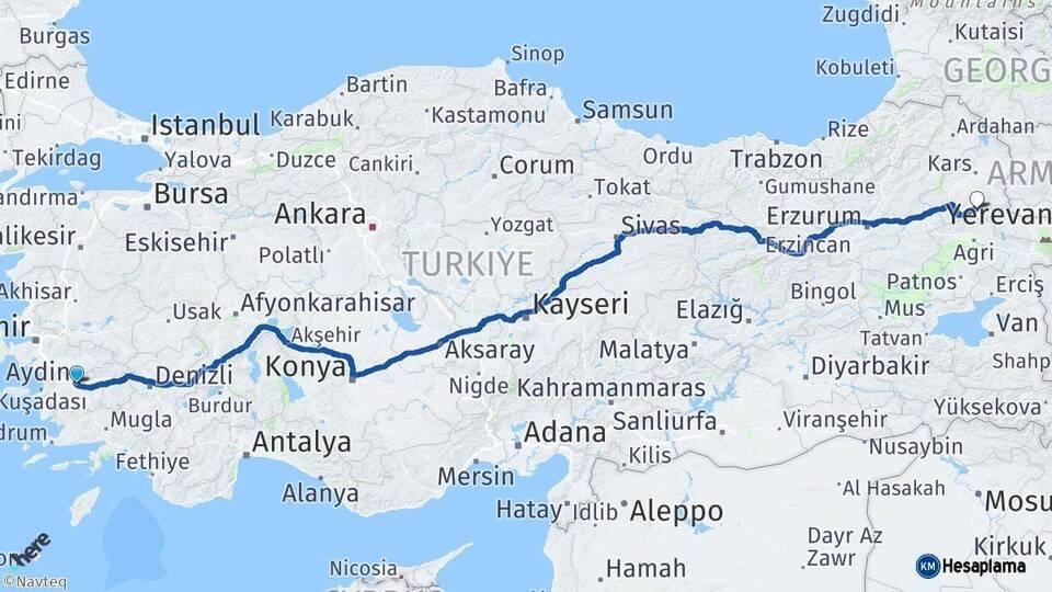 Aydın Kağızman Kars Arası Kaç Km - Yol Haritası