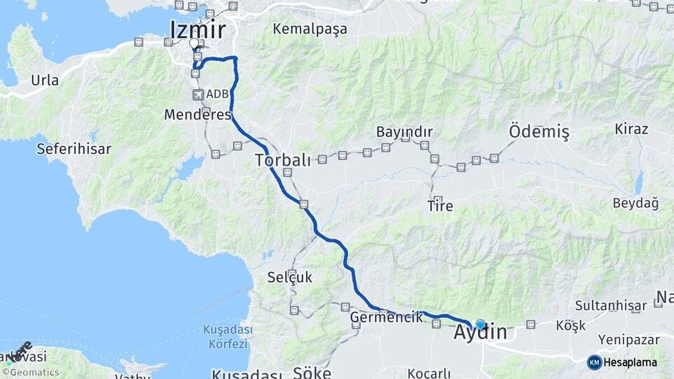 Aydın Karabağlar İzmir Arası Kaç Km - Yol Haritası