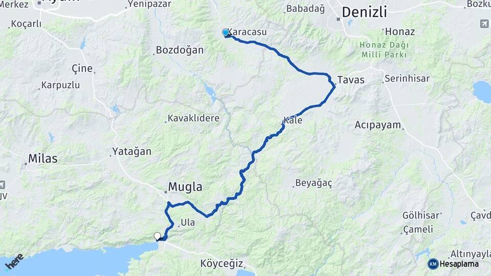 Aydın Karacasu Akyaka Ula Muğla Arası Kaç Km - Yol Haritası