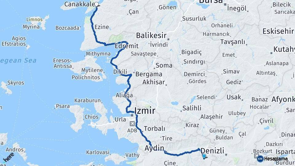Aydın Karacasu Çanakkale Arası Kaç Km - Yol Haritası