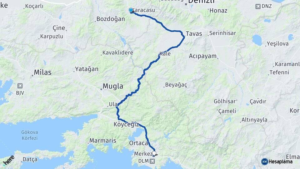 Aydın Karacasu Dalaman Muğla Arası Kaç Km - Yol Haritası