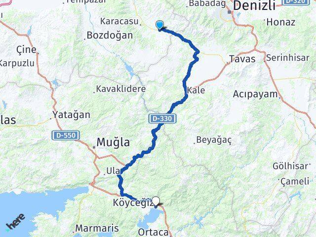 Aydın Karacasu Geyre Köyceğiz Muğla Arası Kaç Km - Yol Haritası