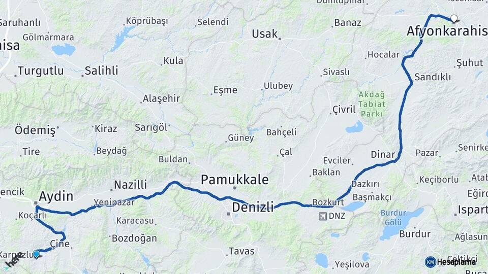 Aydın Karpuzlu Afyonkarahisar Arası Kaç Km - Yol Haritası
