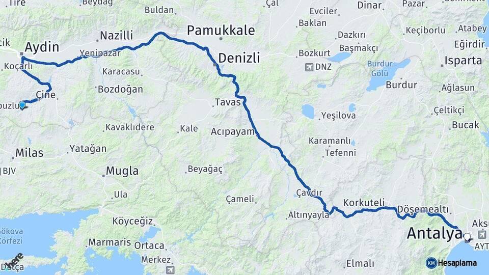 Aydın Karpuzlu Antalya Arası Kaç Km - Yol Haritası