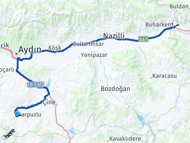 Aydın Karpuzlu Buharkent Arası Kaç Km - Yol Haritası
