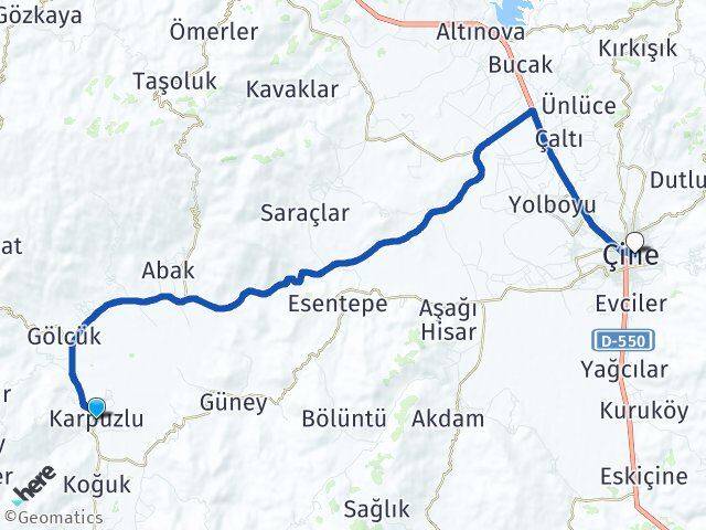 Aydın Karpuzlu Çine Arası Kaç Km - Yol Haritası