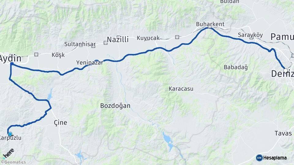 Aydın Karpuzlu Denizli Arası Kaç Km - Yol Haritası
