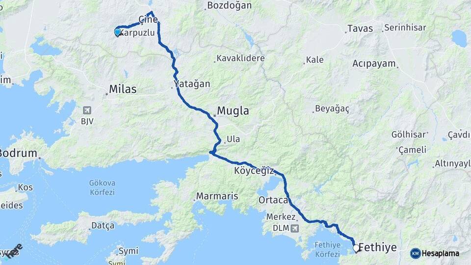 Aydın Karpuzlu Fethiye Muğla Arası Kaç Km - Yol Haritası