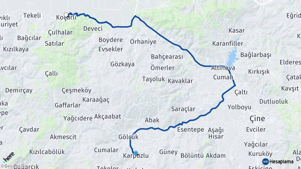 Aydın Karpuzlu Koçarlı Arası Kaç Km - Yol Haritası