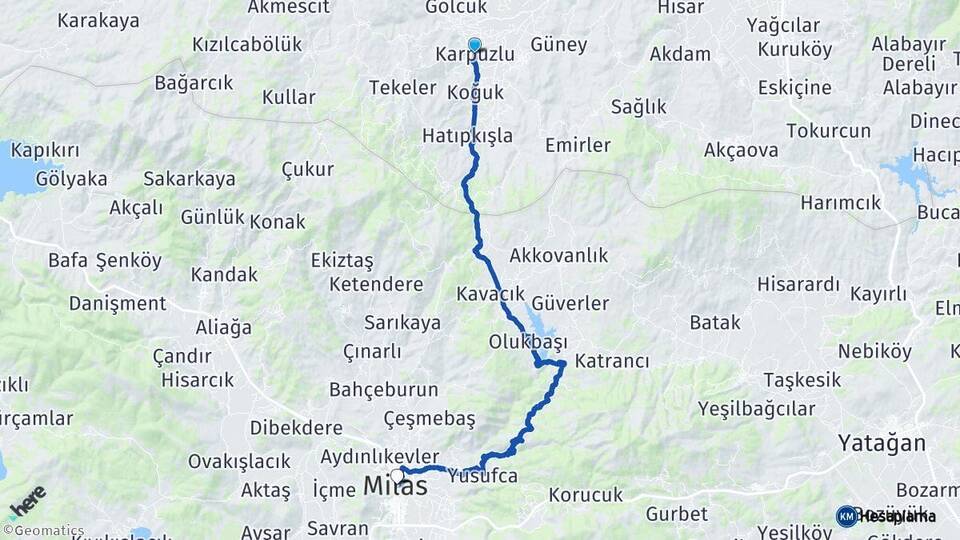 Aydın Karpuzlu Milas Muğla Arası Kaç Km - Yol Haritası