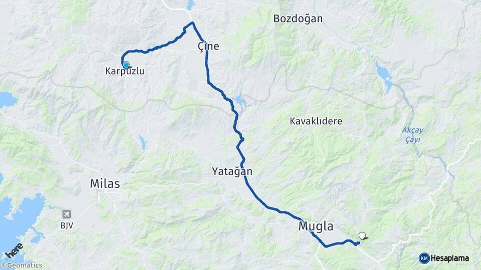 Aydın Karpuzlu Muğla Arası Kaç Km - Yol Haritası