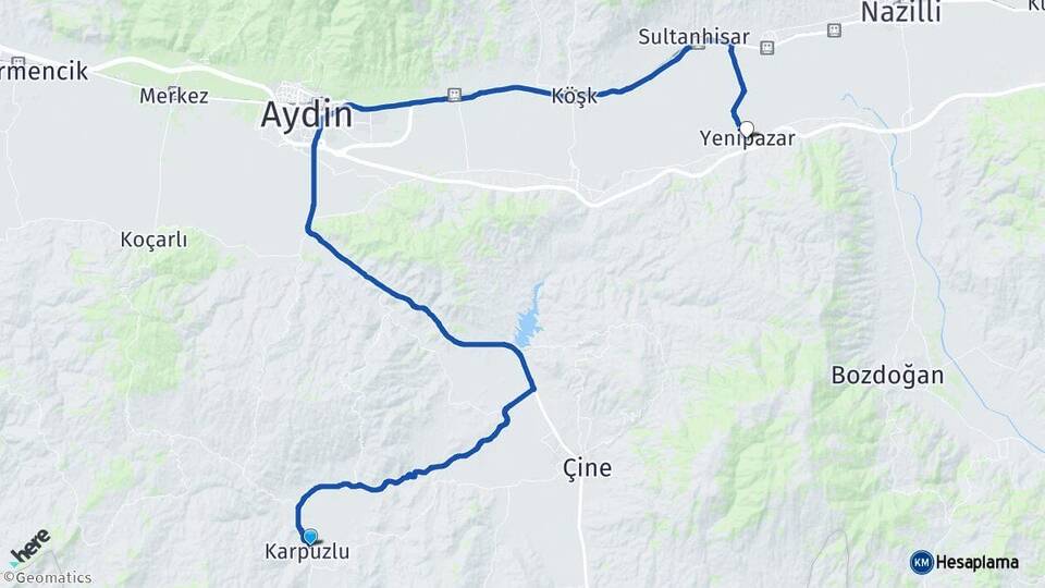 Aydın Karpuzlu Yenipazar Arası Kaç Km - Yol Haritası