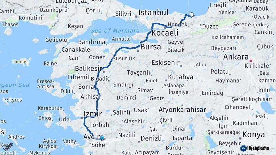 Aydın Kocaali Sakarya Arası Kaç Km - Yol Haritası