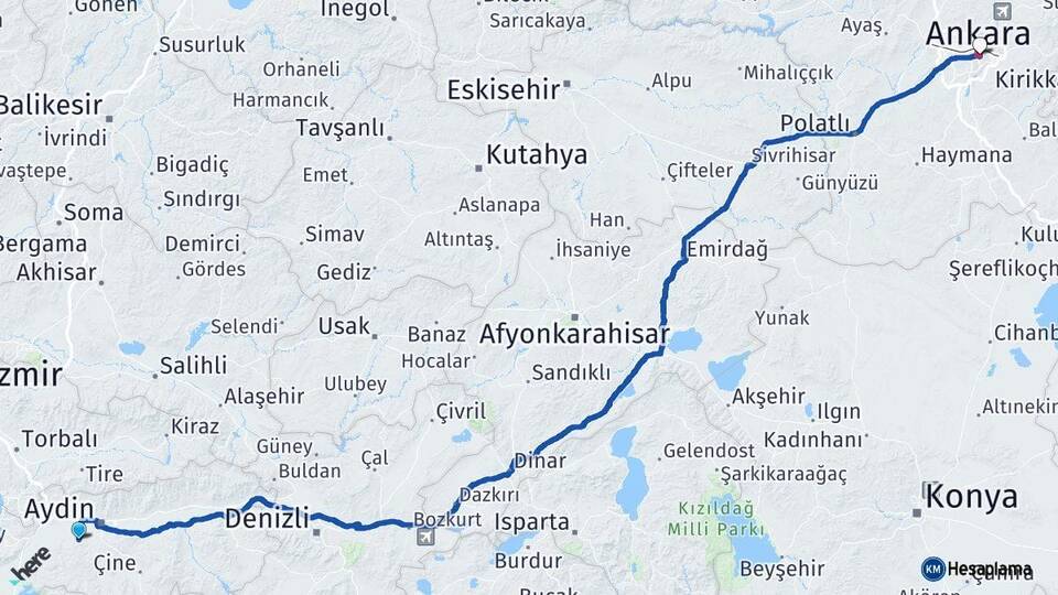 Aydın Koçarlı Ankara Arası Kaç Km - Yol Haritası