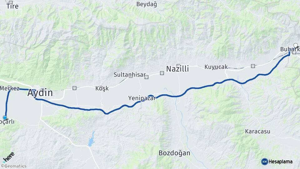 Aydın Koçarlı Buharkent Arası Kaç Km - Yol Haritası