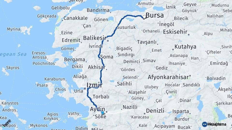 Aydın Koçarlı Bursa Arası Kaç Km - Yol Haritası