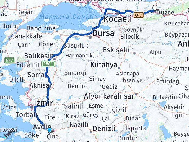 Aydın Koçarlı Düzce Arası Kaç Km - Yol Haritası