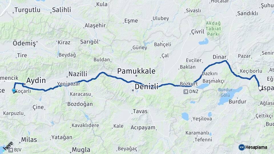 Aydın Koçarlı Isparta Arası Kaç Km - Yol Haritası