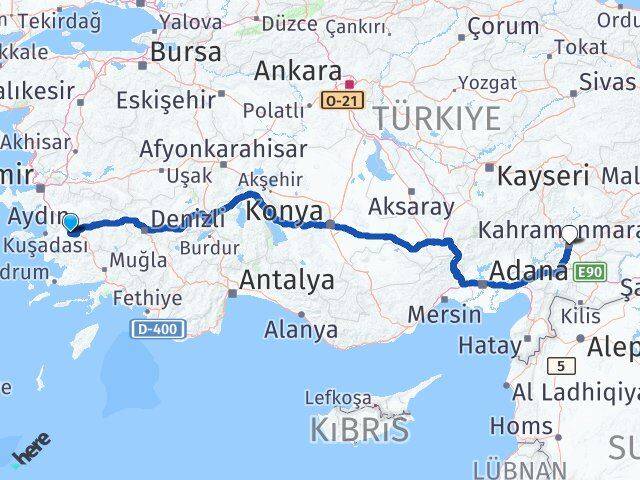 Aydın Koçarlı Kahramanmaraş Arası Kaç Km - Yol Haritası