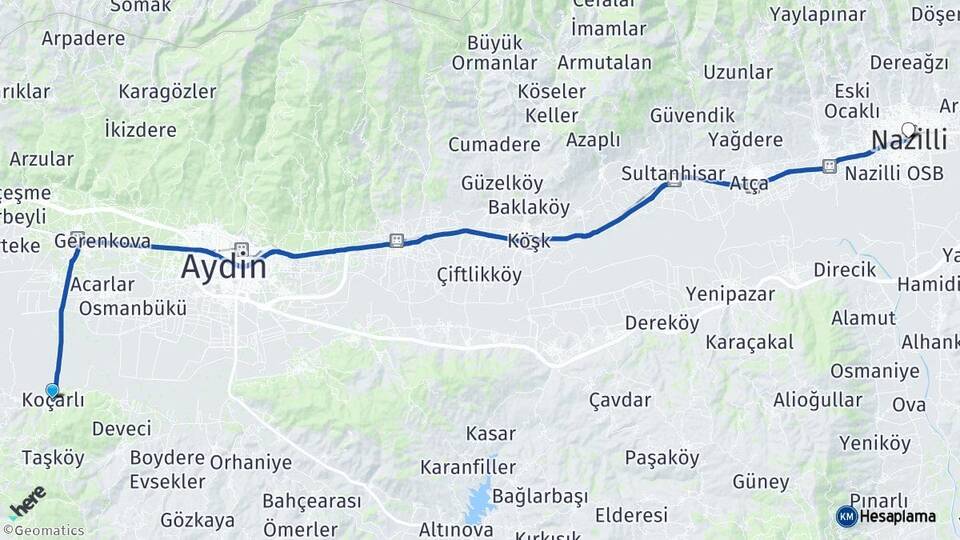 Aydın Koçarlı Nazilli Arası Kaç Km - Yol Haritası