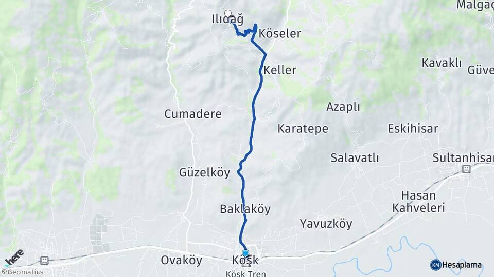 Aydın Köşk Ilıdağ Köşk Arası Kaç Km - Yol Haritası