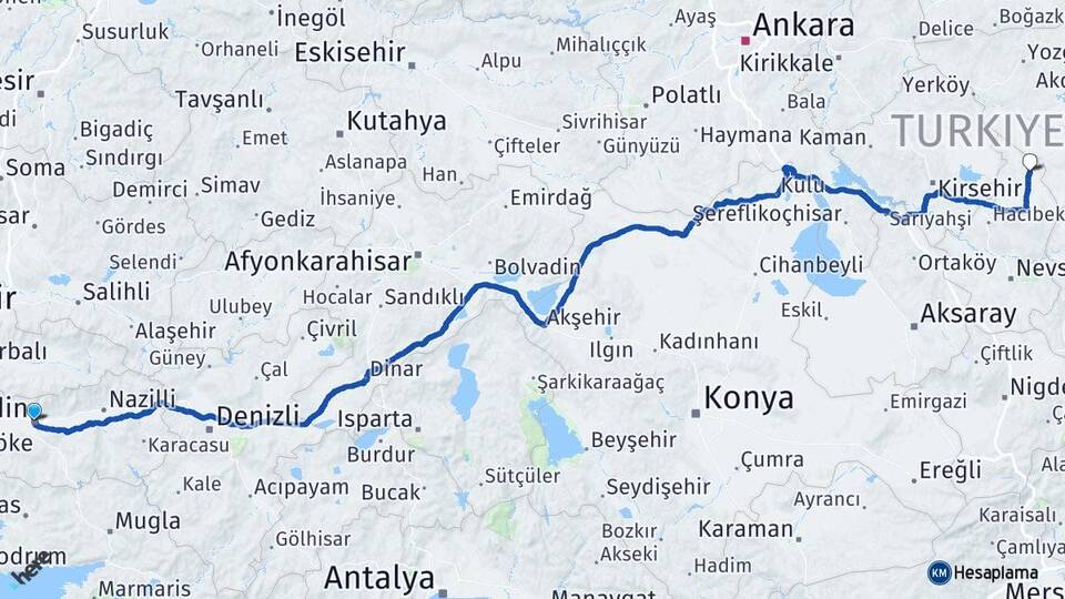 Aydın Kozaklı Nevşehir Arası Kaç Km - Yol Haritası