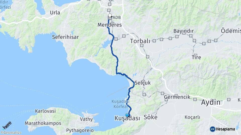 Aydın Kuşadası Adnan Menderes Havalimanı Arası Kaç Km - Yol Haritası
