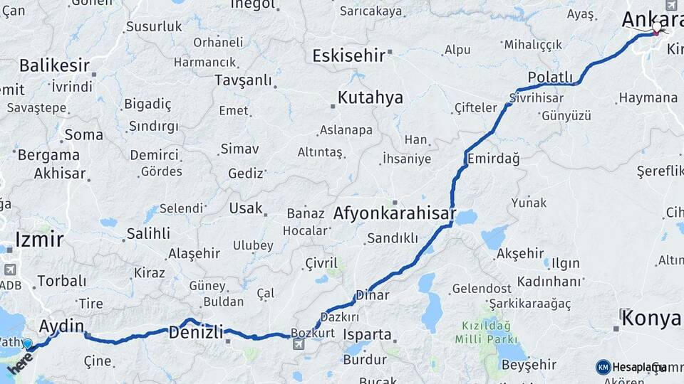 Aydın Kuşadası Davutlar Ankara Arası Kaç Km - Yol Haritası