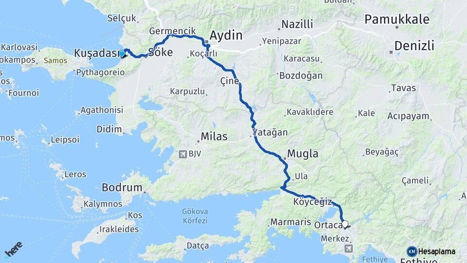 Aydın Kuşadası Ortaca Muğla Arası Kaç Km - Yol Haritası