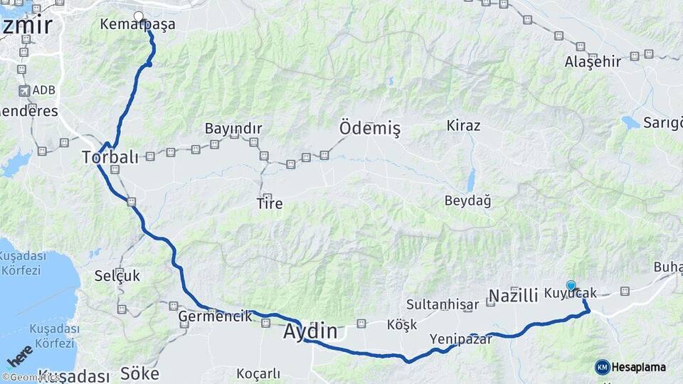 Aydın Kuyucak Kemalpaşa İzmir Arası Kaç Km - Yol Haritası