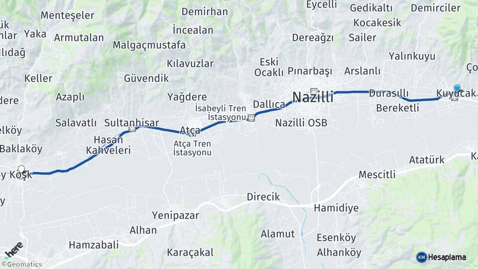 Aydın Kuyucak Köşk Arası Kaç Km - Yol Haritası
