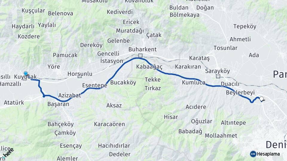 Aydın Kuyucak Kumkısık Merkezefendi Denizli Arası Kaç Km - Yol Haritası