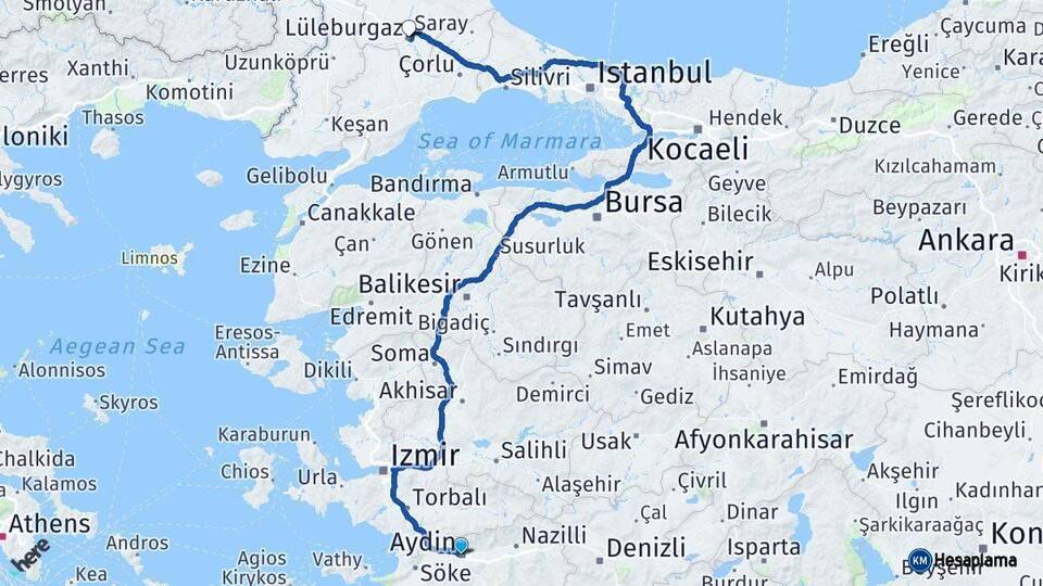 Aydın Lüleburgaz Kırklareli Arası Kaç Km - Yol Haritası
