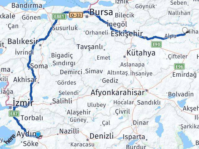Aydın Mihalıççık Eskişehir Arası Kaç Km - Yol Haritası