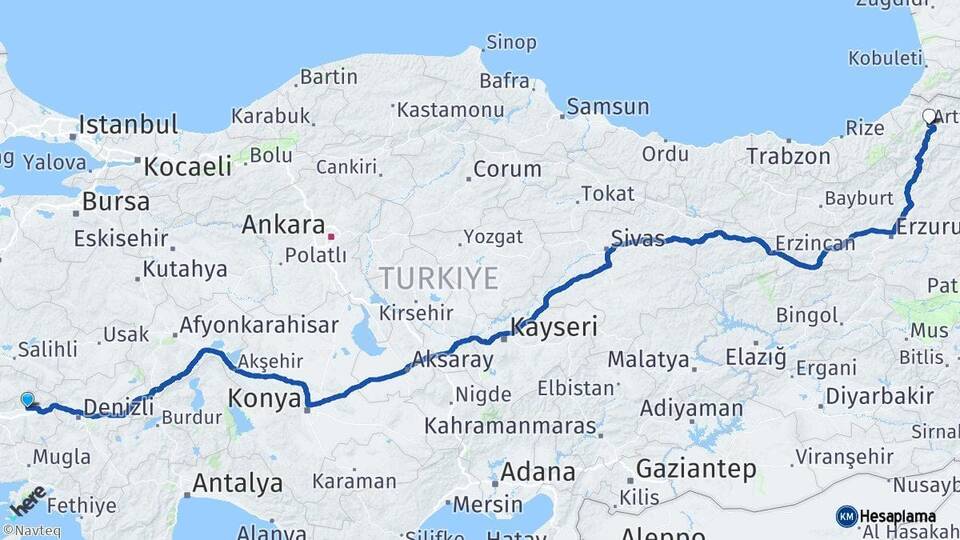 Aydın Nazilli Artvin Arası Kaç Km - Yol Haritası