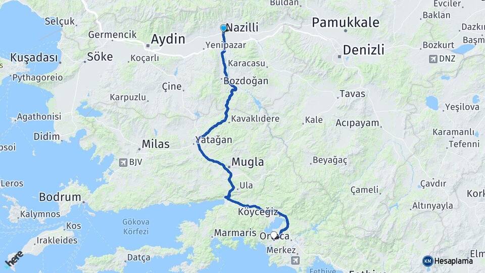 Aydın Nazilli Dalyan Ortaca Muğla Arası Kaç Km - Yol Haritası