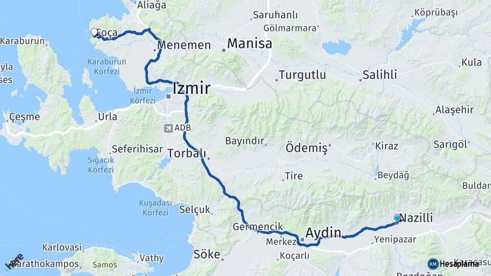 Aydın Nazilli Foça İzmir Arası Kaç Km - Yol Haritası